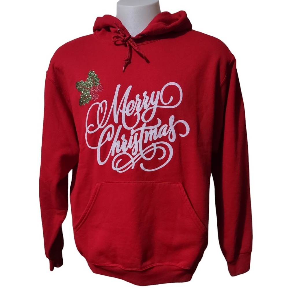 Jerzees Hoodie Large Mens Merry Christmas Holiday Red Graphic Center Stage Dance